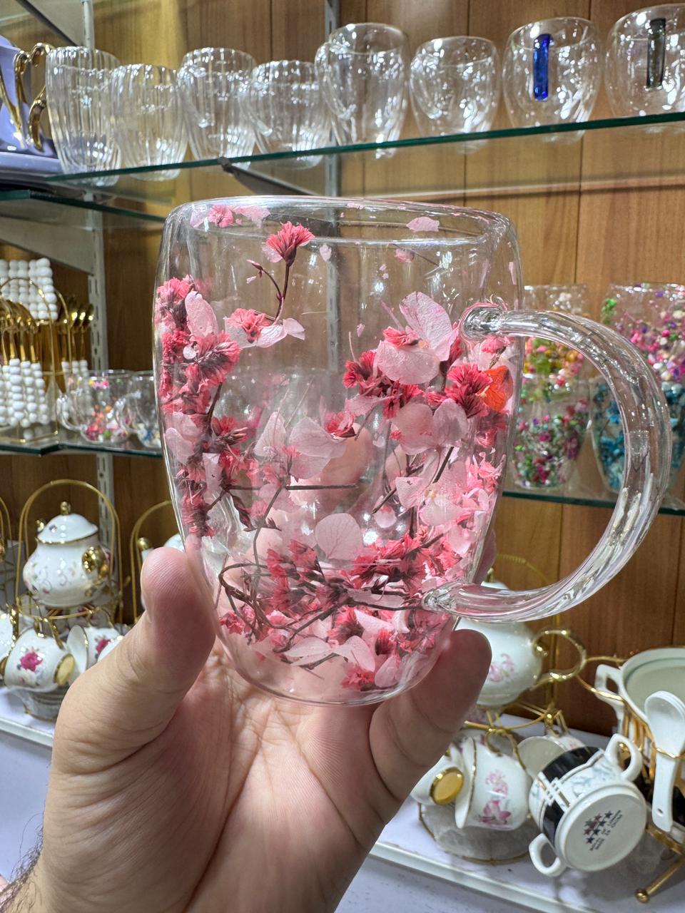 Elegant Glass Mug with Embedded Floral Design – Aesthetic Tea & Coffee Cup