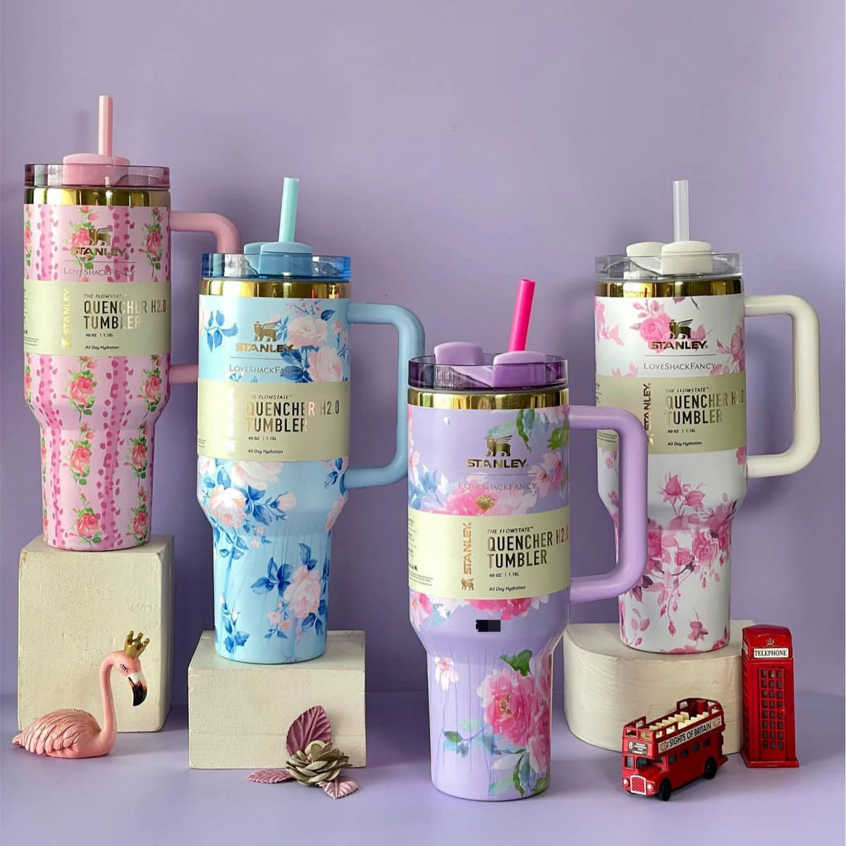 Stanley Cup-40oz Stanley Tumbler With Straw- Floral Printed Tumble Mugs Stainless Steel