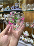 Elegant Glass Mug with Embedded Floral Design – Aesthetic Tea & Coffee Cup